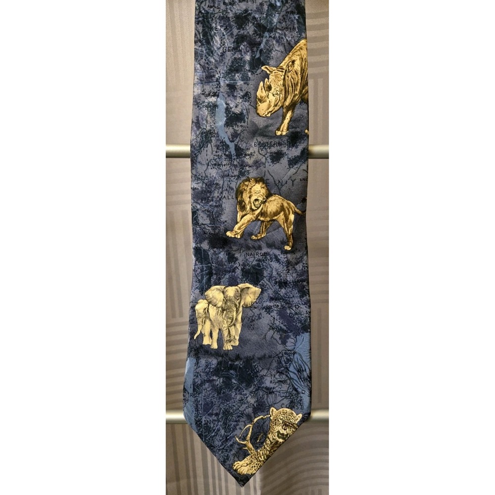 The African Five Endangered Species Blue Silk Tie 4x59.5 Made In‎ USA